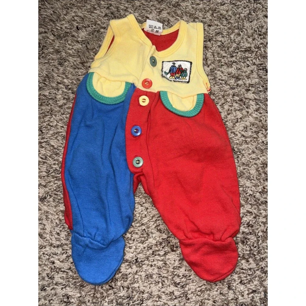 Vintage Baby Color block Romper Infant 0-6m Rainbow Button Germany One Piece 80s